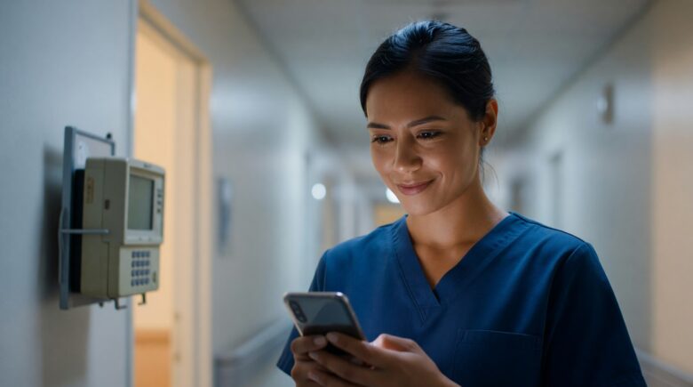 Healthcare worker using a secure messaging app on a smartphone to communicate with medical staff instead of a pager