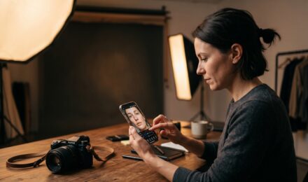 Portrait photographer using a skin retouching mobile app to smooth skin while preserving natural texture on a smartphone