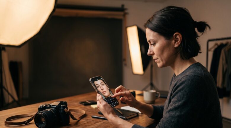 Portrait photographer using a skin retouching mobile app to smooth skin while preserving natural texture on a smartphone