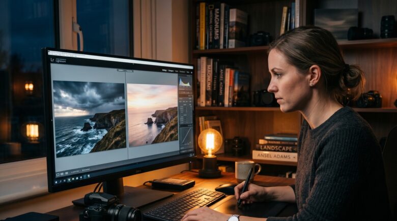 Side-by-side comparison of automatic and manual sky replacement in a photo editing app