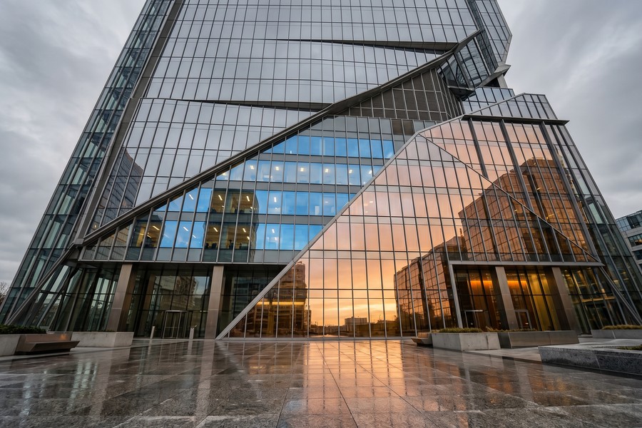 Architectural photo showing complex sky replacement around glass windows and geometric building edges
