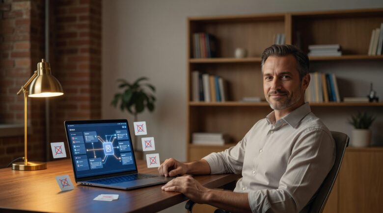Solo consultant working at a desk with an AI agent stack dashboard replacing multiple SaaS subscription tools on screen