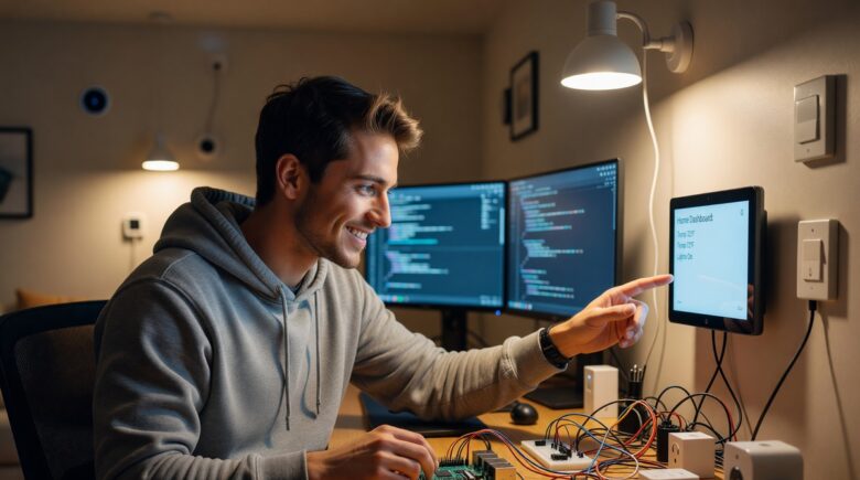 Solo developer setting up budget smart home automation devices on a desk with Raspberry Pi and smart plugs
