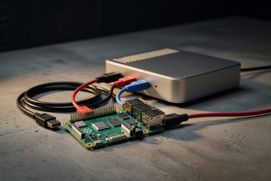 Raspberry Pi 4 running Home Assistant with Zigbee dongle mounted inside a clean enclosure