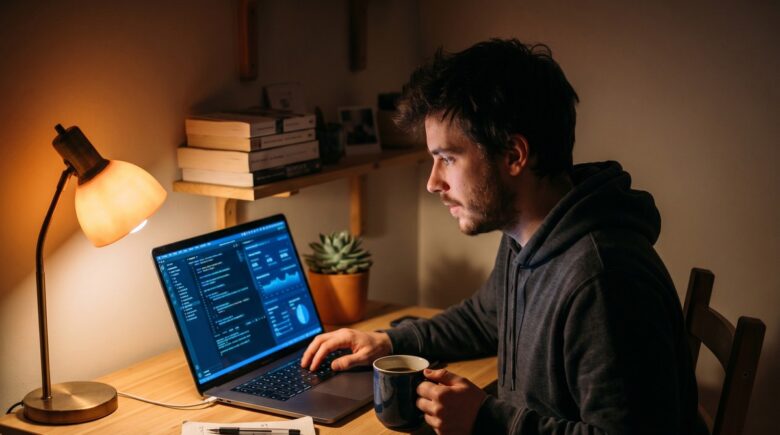 Solo developer coding a production app using on-device AI processing on a laptop