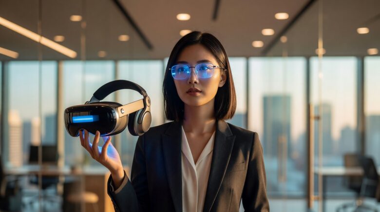Side-by-side comparison of a spatial computing headset and augmented reality glasses on a modern tech desk