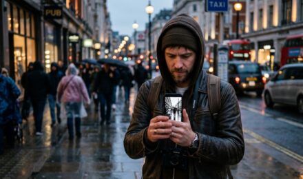 Street photographer editing a high-contrast black and white photo on a mobile app