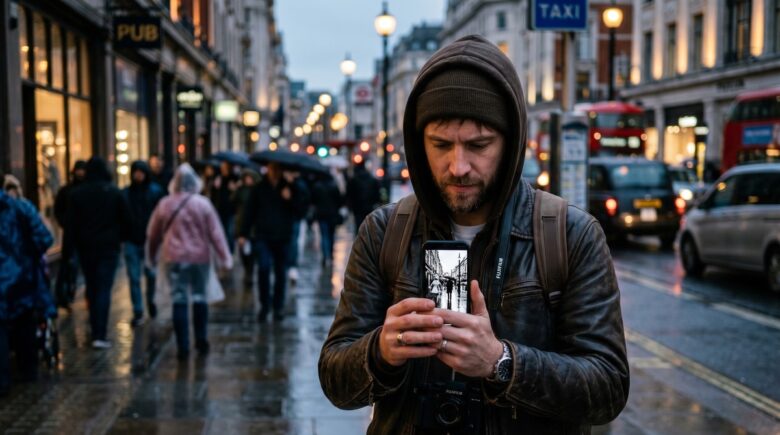 Street photographer editing a high-contrast black and white photo on a mobile app