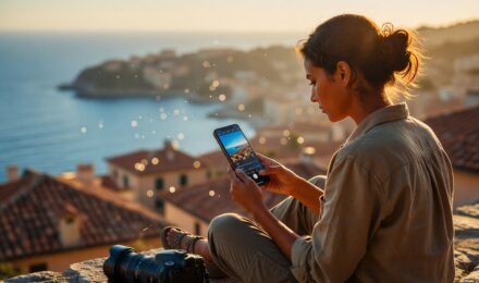 Travel photographer editing trip photos on a mobile phone using editing apps