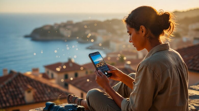 Travel photographer editing trip photos on a mobile phone using editing apps