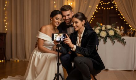 Wedding photographer editing photos on a mobile app at a reception venue