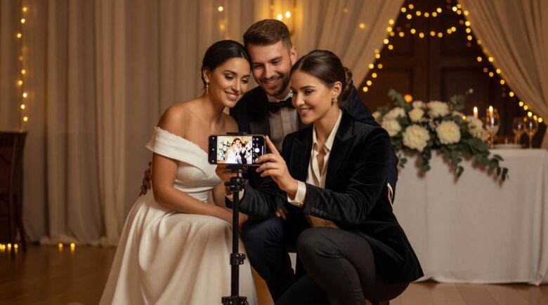 Wedding photographer editing photos on a mobile app at a reception venue