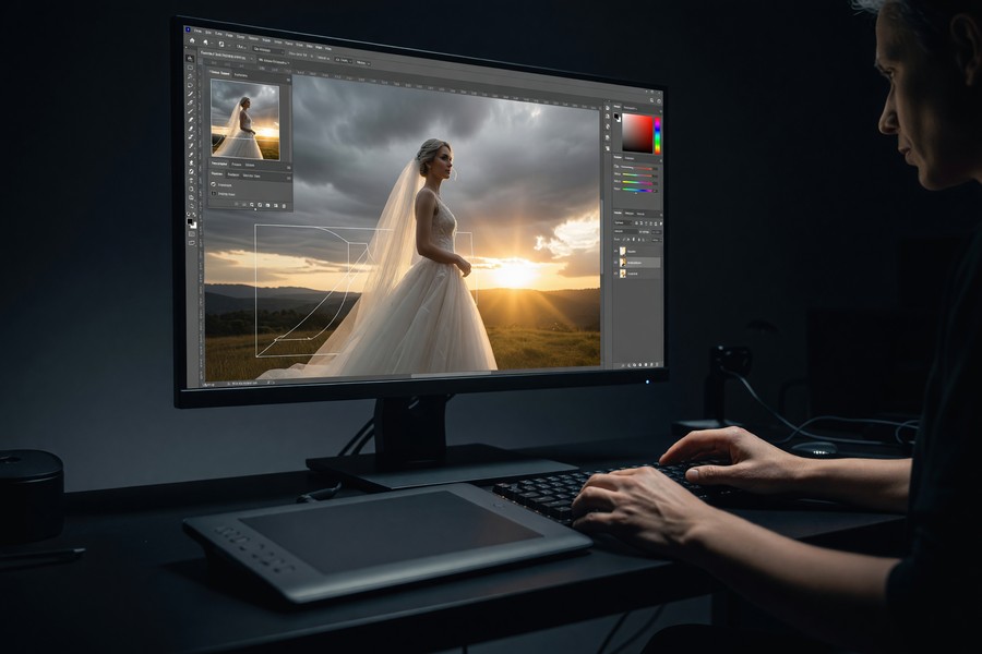 Side-by-side view of same wedding photo before and after mobile preset editing on iPad