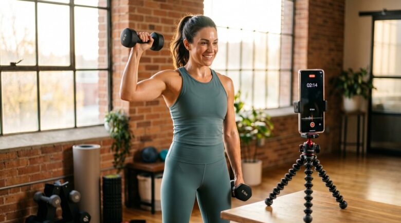 Fitness coach recording a workout tutorial video using a mobile app on a smartphone